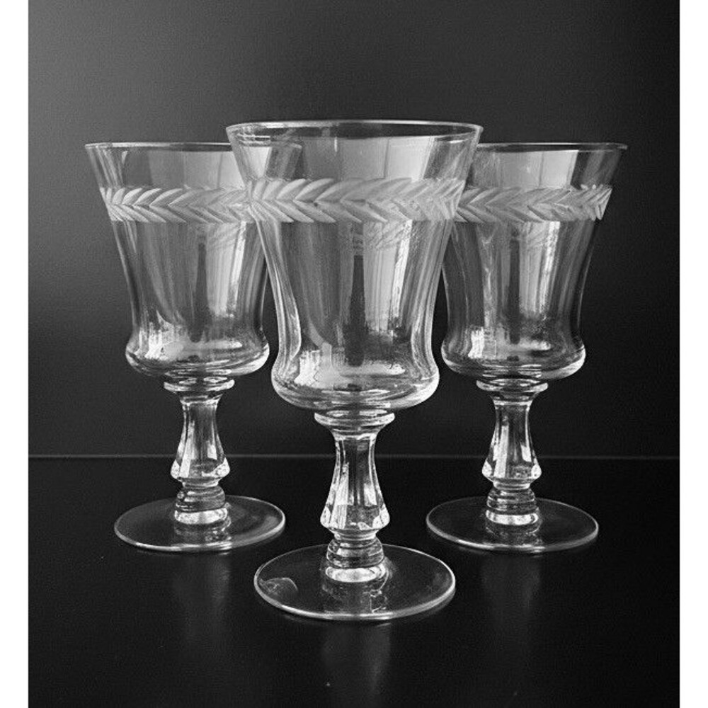 3 Vintage Seneca Joyce Crystal Water Goblets Laurel Wreath 6 3/8”